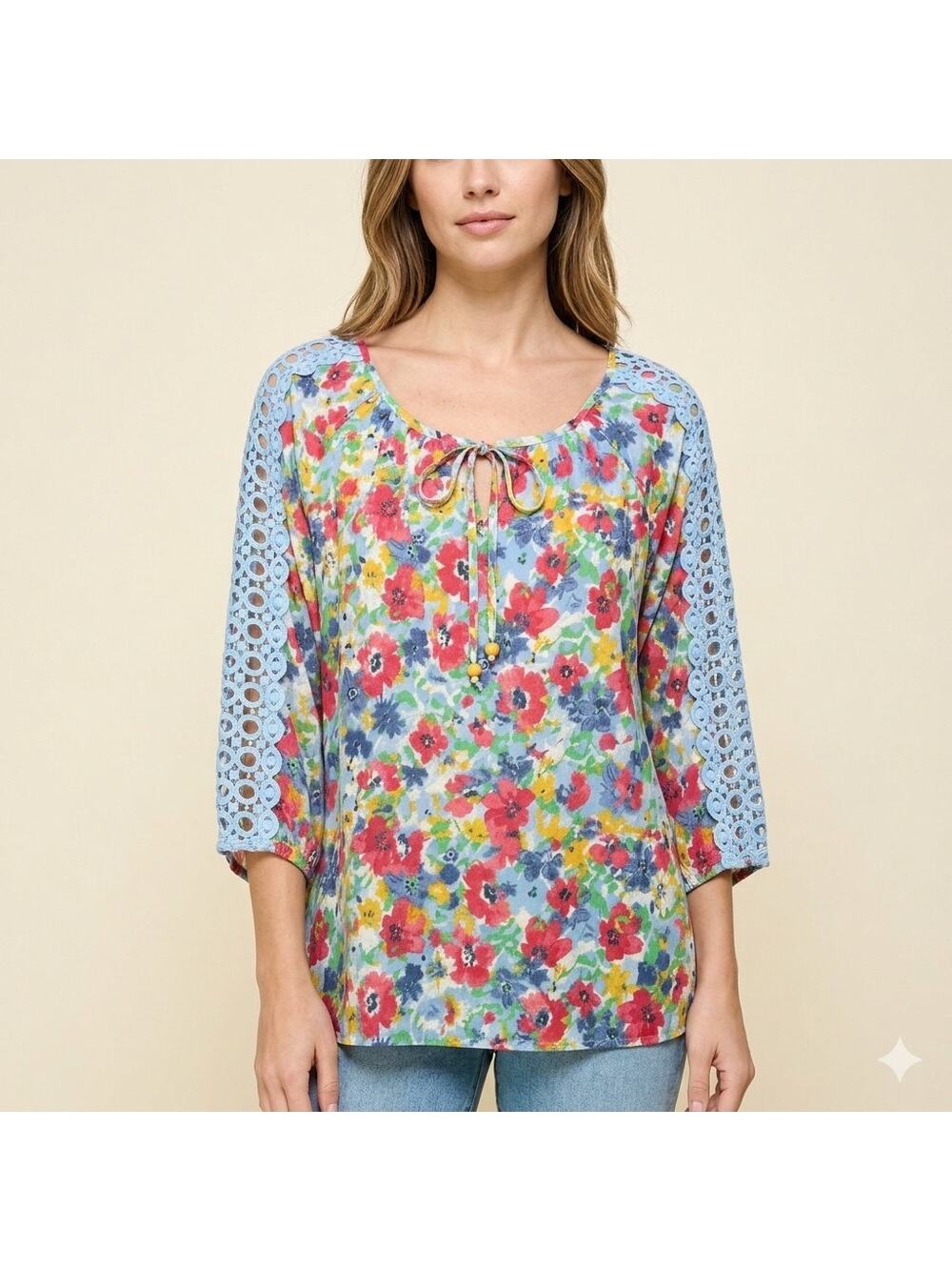 019-NY Collection Crocheted Sleeve Blouse size 1 X / PTP 25"